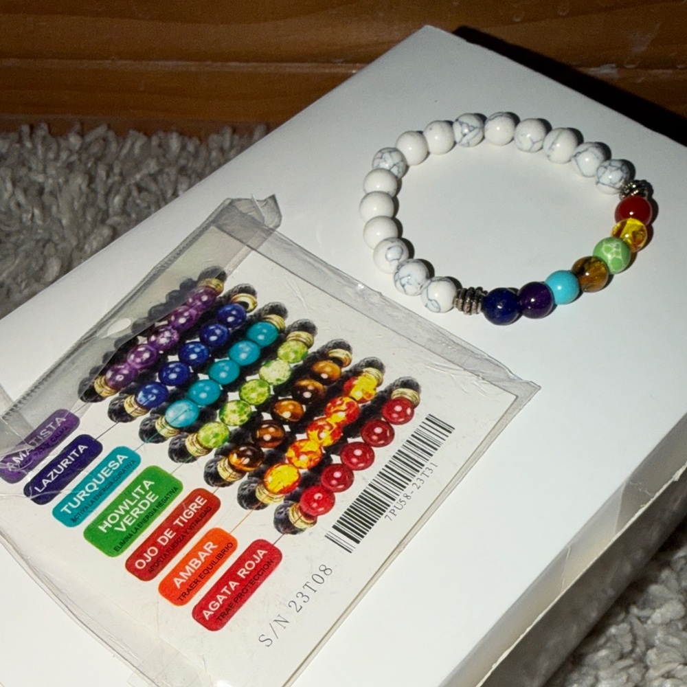 White and Multicolor Chakra Beaded Bracelet - Picture 2 of 3